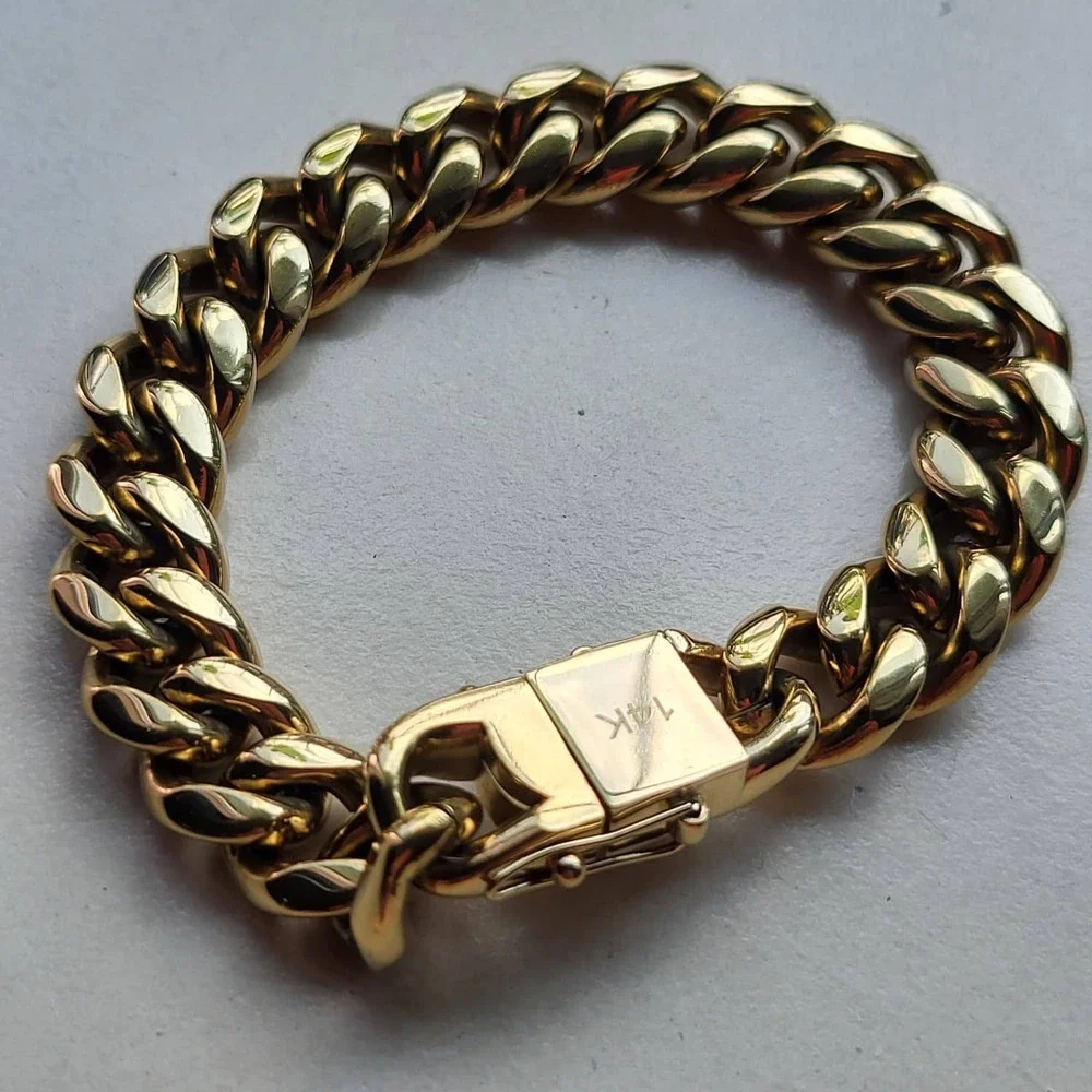 14K Gold Plated Stainless Steel Cuban Link Bracelet 8in Gold 12mm Thick